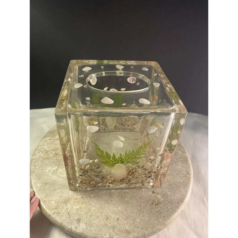 1970's Lucite Acrylic Tissue Box Cover Holder Embedded 6x6Sea Shells Beach Theme
